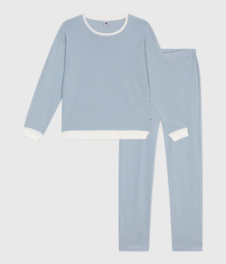 Damen-Pyjama aus Baumwolle mit Streifen blau/weiss