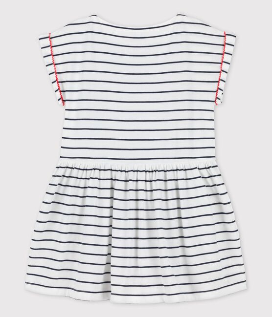 Kurzärmeliges Kleid aus Baumwolle für Mädchen weiss MARSHMALLOW/blau SMOKING