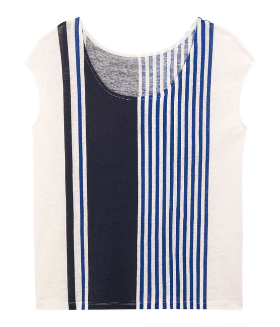 Kurzärmeliges leinen-t-shirt damen weiss MARSHMALLOW/weiss MULTICO