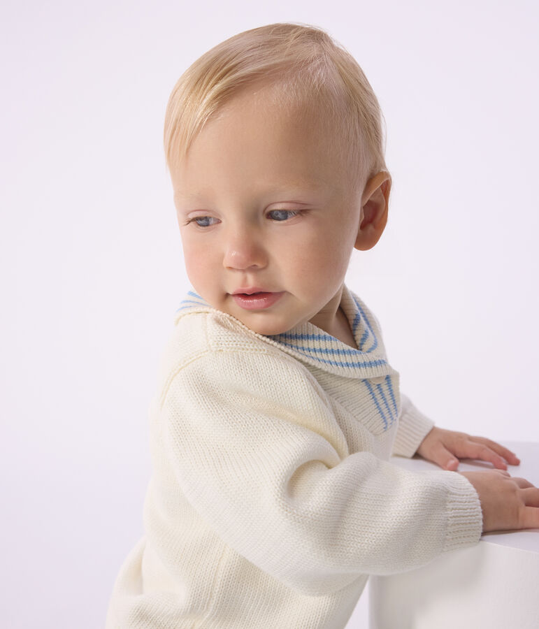 Baby-Pullover mit Schalkragen gestreifter Baumwolle naturfarben MILK