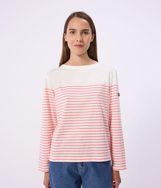 Damen-Shirt Marinière aus Baumwolle mit Streifen rosa MARSHMALLOW/ FLAMAND