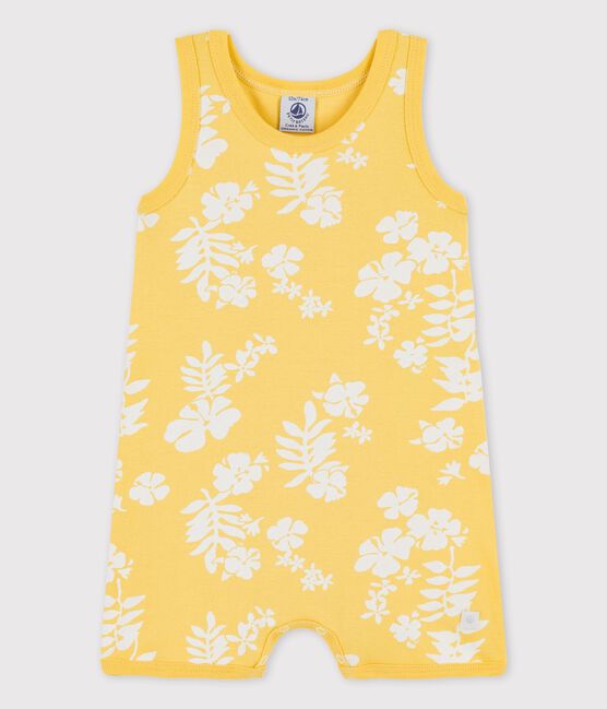 Kurzer Baby-Einteiler aus Baumwolle mit Hawaiimuster gelb ORGE/weiss MARSHMALLOW