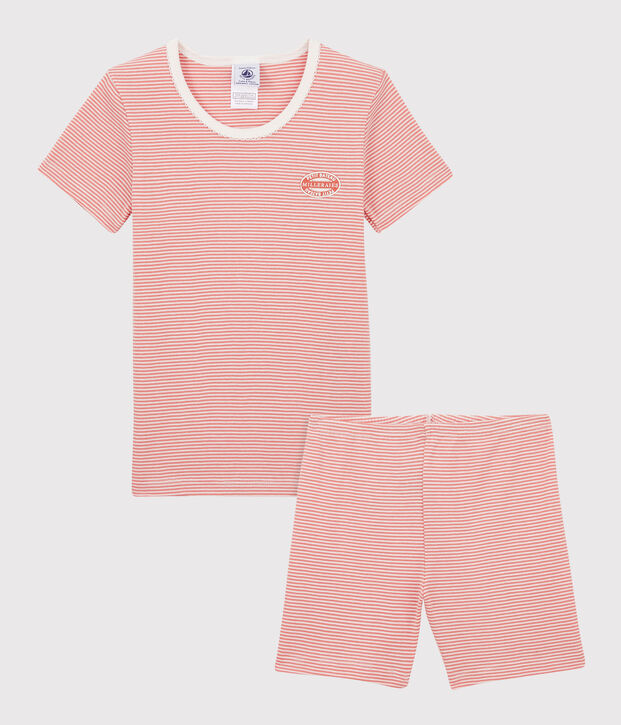 Kinder-Kurzpyjama aus Bio-Baumwolle mit rosa Ringelstreifen f&uuml;r M&auml;dchen rosa/weiss