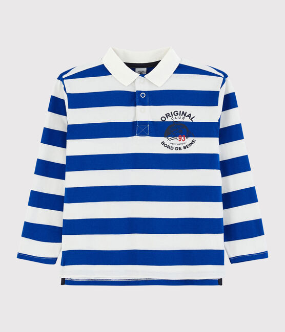 Langärmeliges Kinder-Poloshirt aus Jersey für Jungen blau SURF/weiss MARSHMALLOW