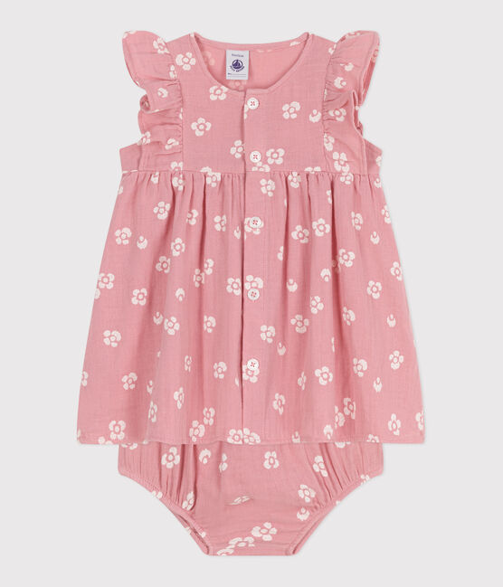 Babykleid mit Bloomer aus geblümtem Musselin-Stoff rosa CHARME/weiss MARSHMALLOW