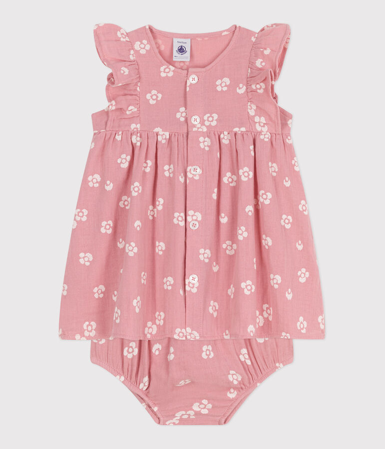 Babykleid mit Bloomer aus gebl&uuml;mtem Musselin-Stoff rosa/weiss