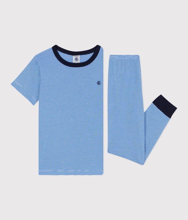Kurz&auml;rmeliger Kinder-Pyjama mit langer Hose aus gestreifter Baumwolle blau/weiss