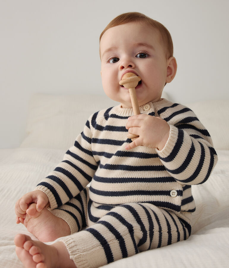 Baby-Set aus Woll- und Baumwoll-Strick mit Marinestreifen naturfarben/blau