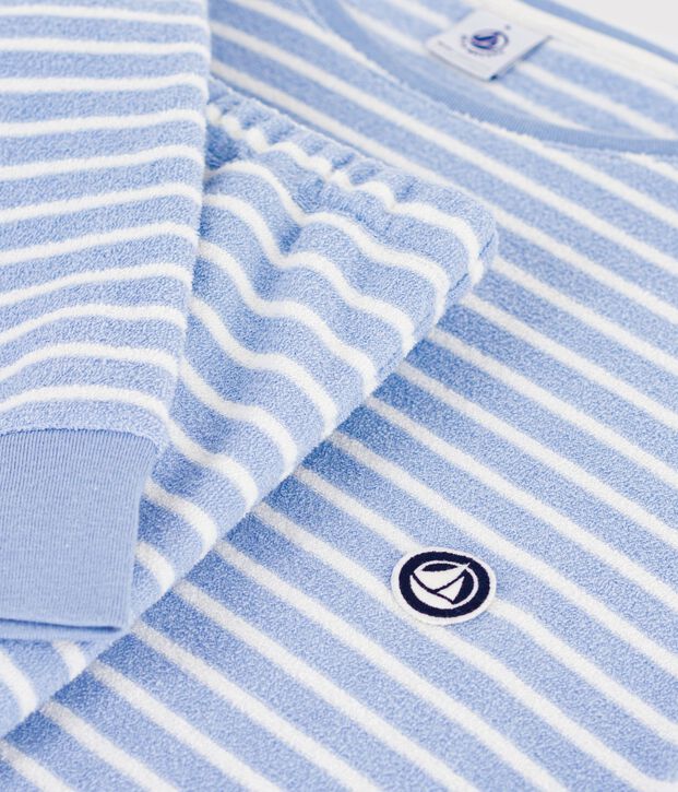 Damen-Pyjama aus Baumwoll-Frottee mit Streifen blau/naturfarben
