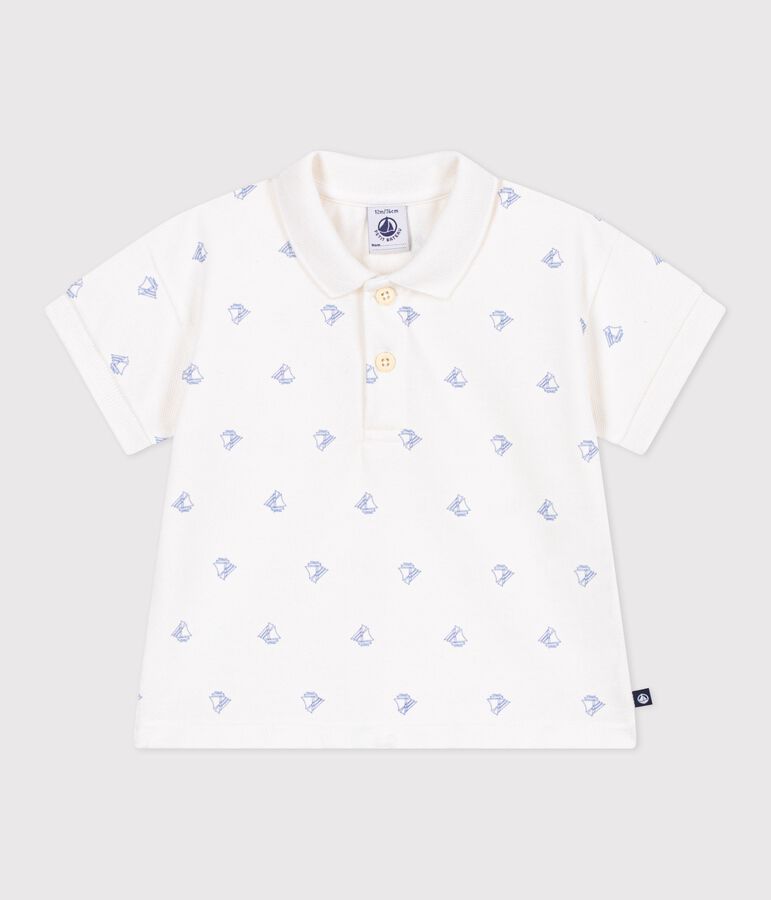 Kurz&auml;rmeliges Baby-Poloshirt aus Baumwolle mit Vintage-Schiffmotiv weiss/blau