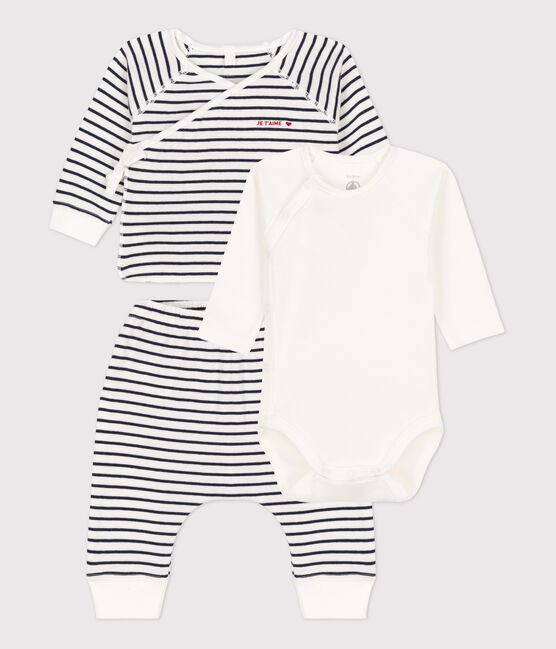 Klassisches Dreiteiliges Baby-Set aus Bio-Baumwolle weiss MARSHMALLOW/blau SMOKING