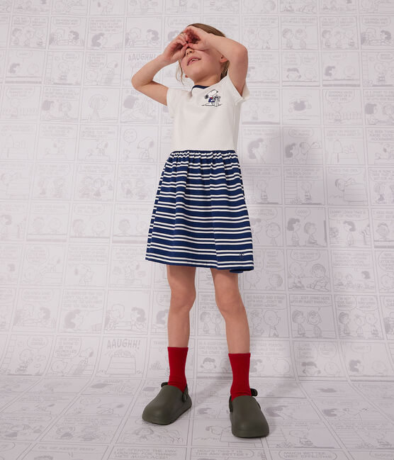 Kurzärmeliges Kinderkleid aus Baumwolle für Mädchen blau MEDIEVAL/weiss MARSHMALLOW