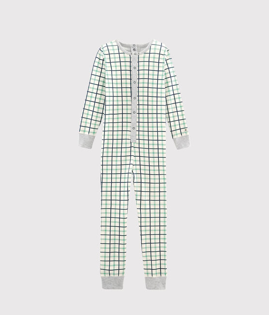 Langer Rippstrick-Overall für Jungen weiss MARSHMALLOW/weiss MULTICO