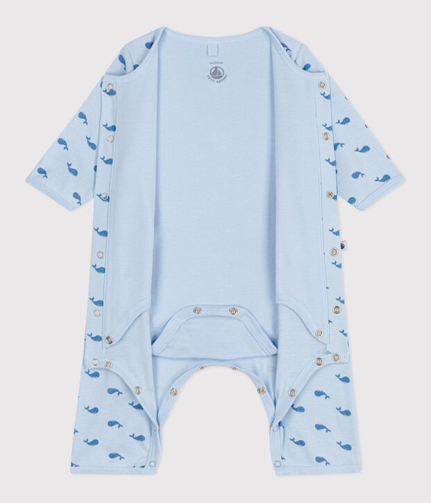 Baby-Bodyjama ohne F&uuml;&szlig;chen aus Baumwolle mit Wal-Motiv blau/blau