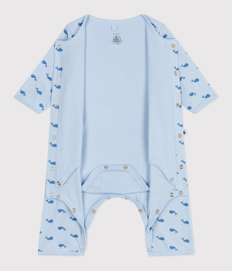 Baby-Bodyjama ohne F&uuml;&szlig;chen aus Baumwolle mit Wal-Motiv blau/blau