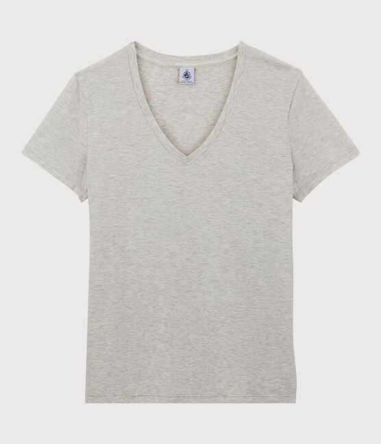 Damen-T-Shirt LE DROIT mit V Ausschnitt aus Baumwolle grau BELUGA CHINE