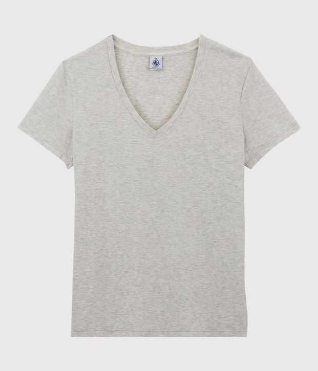Damen-T-Shirt LE DROIT mit V Ausschnitt aus Baumwolle BELUGA CHINE