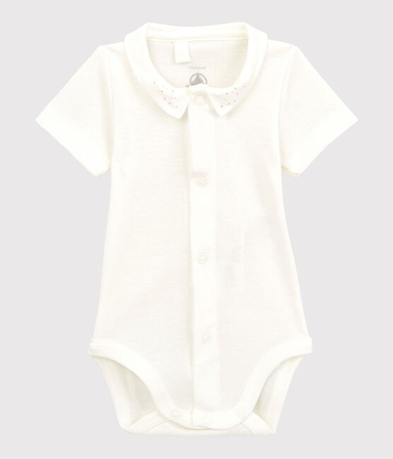 Kurzärmeliger Baby-Body aus Bio-Baumwolle mit weißem Kragen weiss MARSHMALLOW