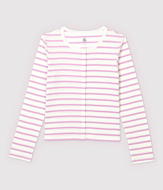 Cardigan aus gestreifter Baumwolle/Leinen Damen weiss MARSHMALLOW/rosa BOHEME
