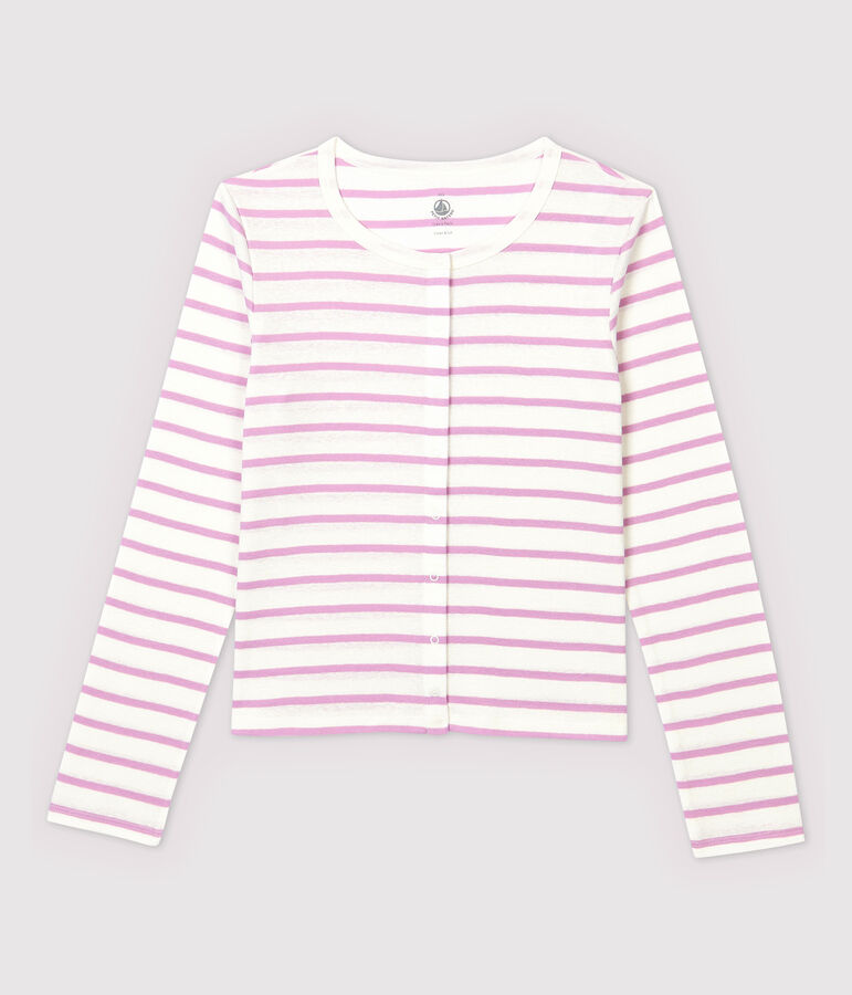 Cardigan aus gestreifter Baumwolle/Leinen Damen weiss MARSHMALLOW/rosa BOHEME