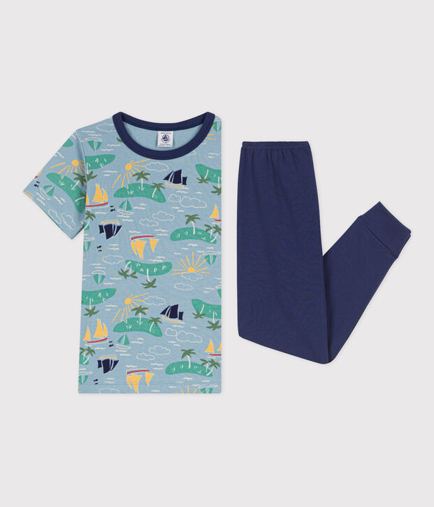 Kurz&auml;rmeliger Entdecker-Kinderpyjama aus Baumwolle f&uuml;r Jungen blau/vielfarbig