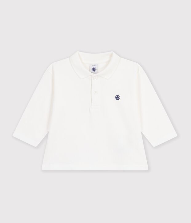 Lang&auml;rmeliges Baby-Poloshirt aus einfarbiger Baumwolle weiss