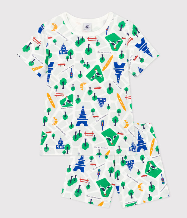 Kurzer Kinderpyjama aus Baumwolle mit Paris-Printmotiv weiss/blau/vielfarbig