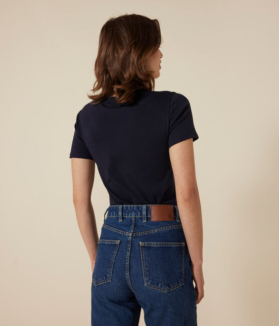 Kurzärmeliges Damen-T-Shirt L'ICONIQUE aus einfarbigem Rippstrick blau SMOKING