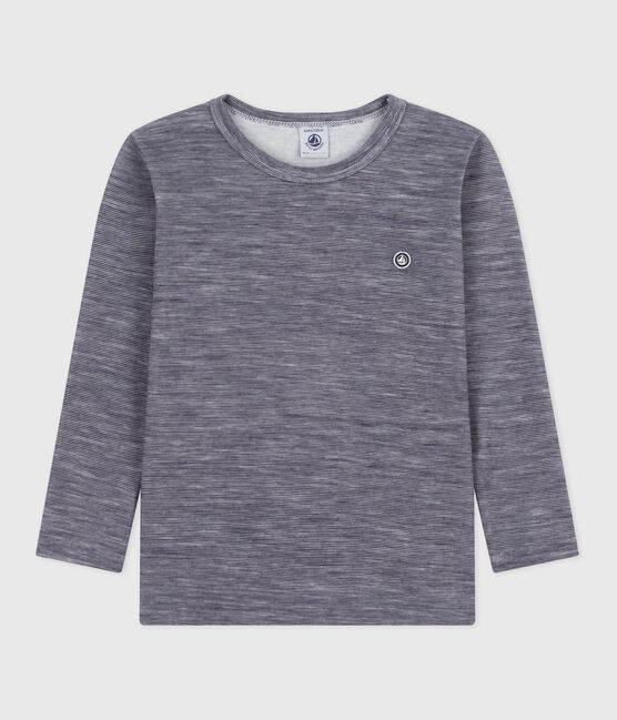 Langärmeliges Kinder-T-Shirt aus Wolle und Baumwolle mit Streifen blau SOIR/ MARSHMALLOW