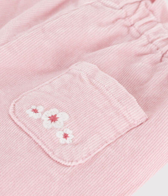 Baby-Hose aus einfarbigem Fein-Cord und bestickter Tasche hinten rosa JOLI