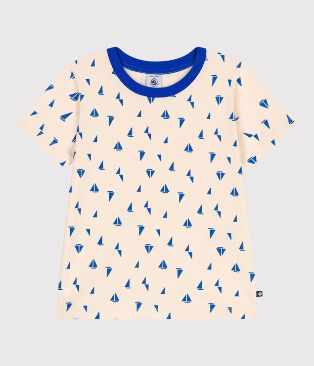 Kurz&auml;rmeliges Kinder-T-Shirt aus bedruckter Baumwolle naturfarben/blau
