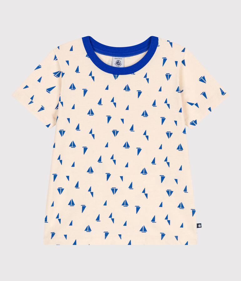 Kurz&auml;rmeliges Kinder-T-Shirt aus bedruckter Baumwolle naturfarben/blau