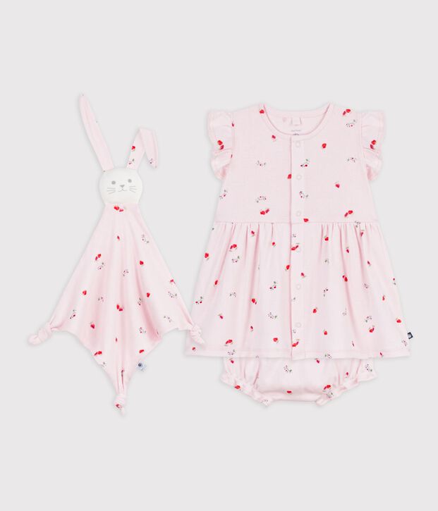 Baby-Geschenkset Kleid und Kuscheltier aus Baumwolle mit Blumenmuster rosa/vielfarbig