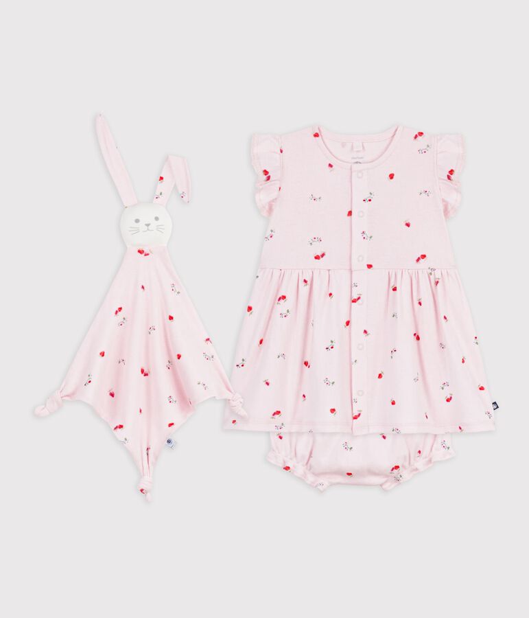 Baby-Geschenkset Kleid und Kuscheltier aus Baumwolle mit Blumenmuster rosa/vielfarbig