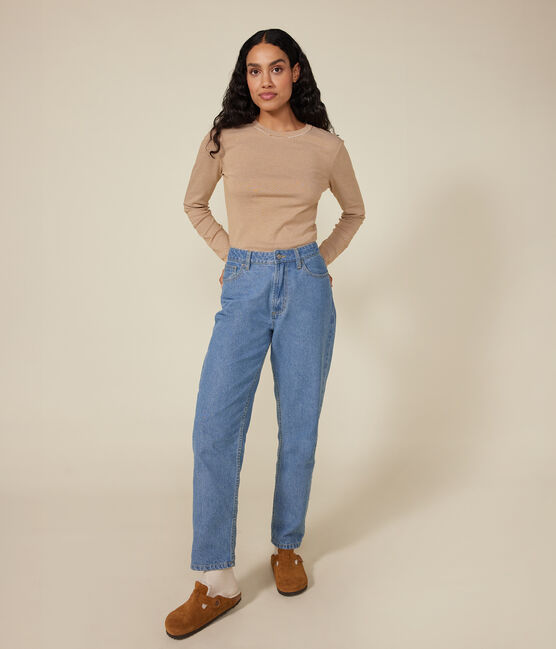 Langärmeliges Damen-T-Shirt "L'Iconique" aus gestreiftem Rippstrick braun CUIVRE/ MARSHMALLOW