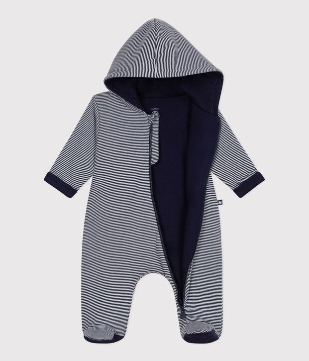 Wattierter Baby-Overall mit Kapuze und F&uuml;&szlig;chen, gestreift blau/weiss