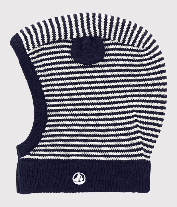 Baby-Kapuzenm&uuml;tze aus Baumwolle blau/weiss