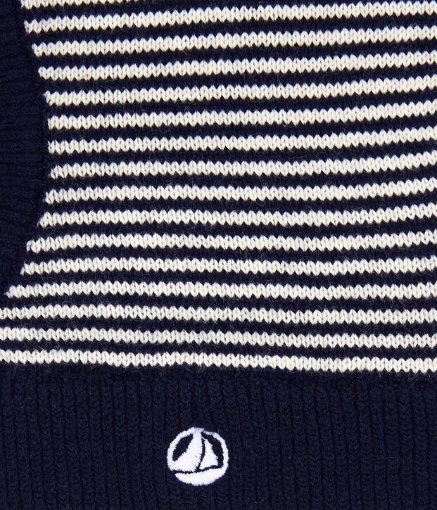 Baby-Kapuzenm&uuml;tze aus Baumwolle blau/weiss