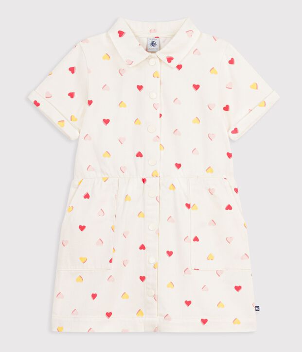 Kurz&auml;rmeliges Kinder-Kleid aus Baumwolle mit Herzmotiv naturfarben/vielfarbig