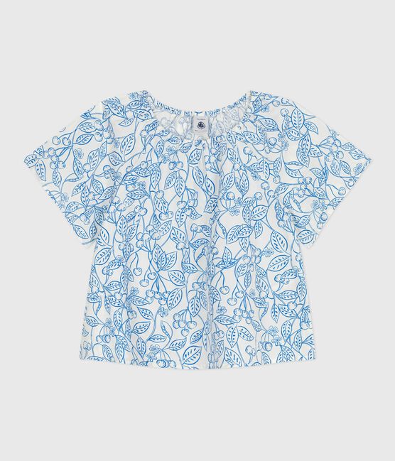 Kurzärmelige Kinder-Bluse mit Kirschmuster blau MARSHMALLOW/ PORCELANA