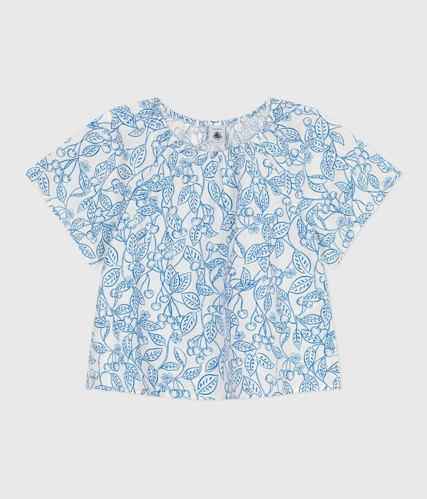 Kurz&auml;rmelige Kinder-Bluse mit Kirschmuster blau/blau