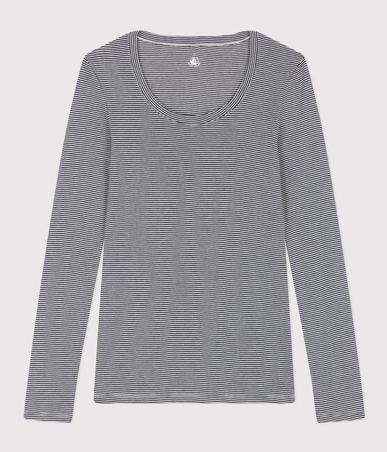 Körpernahes Damen-T-Shirt aus leichter gestreifter Baumwolle blau SMOKING/weiss MARSHMALLOW