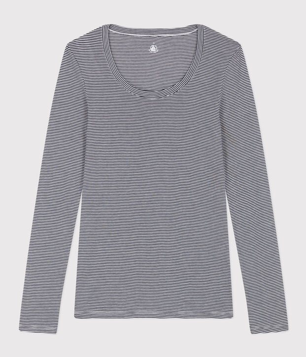 K&ouml;rpernahes Damen-T-Shirt aus leichter gestreifter Baumwolle blau/weiss