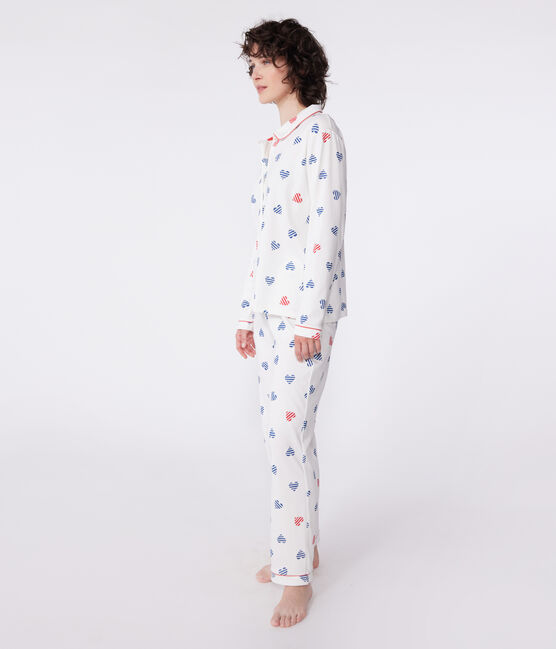 Geknöpfter Damen-Schlafanzug aus Baumwolle mit Herz-Print weiss MARSHMALLOW/weiss MULTICO