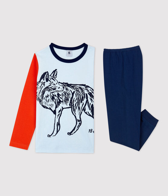 Kinderpyjama aus Baumwolle mit Wolfmotiv für Jungen blau MEDIEVAL/weiss MULTICO