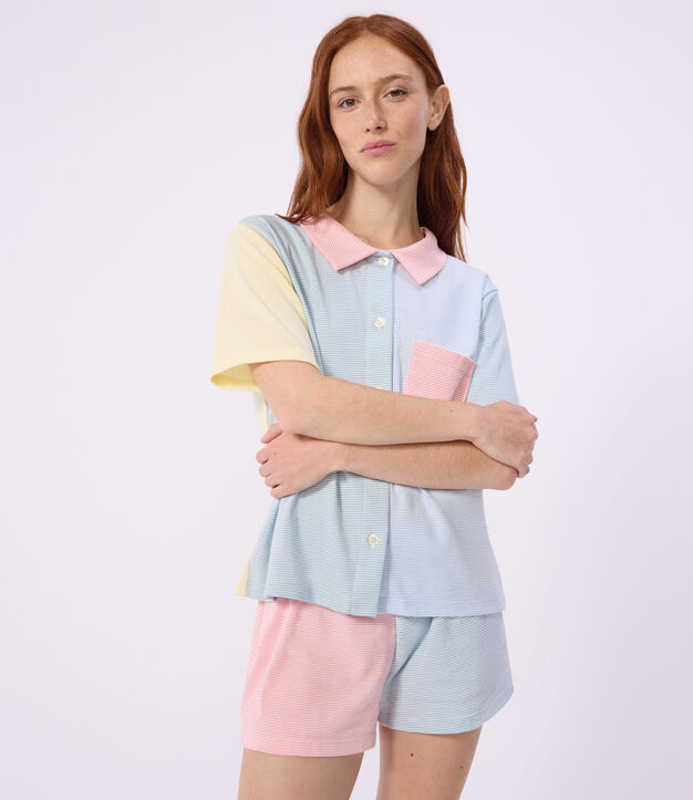 Gestreifte Damen-Pyjamashorts aus Baumwolle mit Knopfleiste weiss/vielfarbig