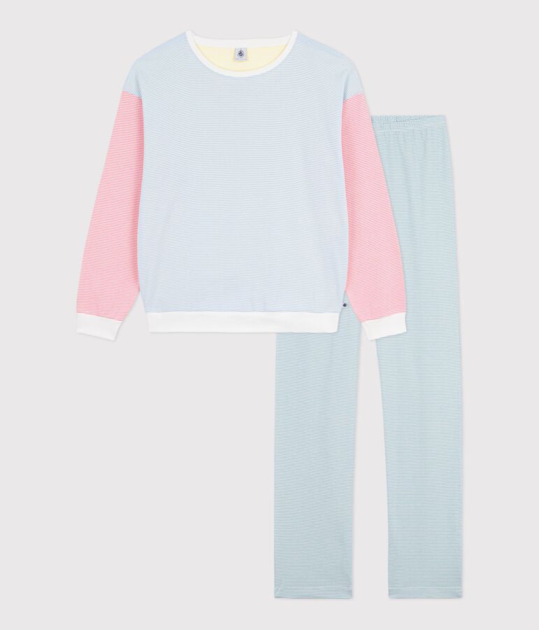 Damen-Pyjama aus Baumwolle mit Streifen weiss MARSHMALLOW/weiss MULTICO