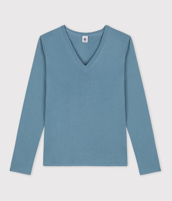 Eng anliegendes T-Shirt mit Pikotkante aus Bio-Baumwolle für Damen blau ROVER