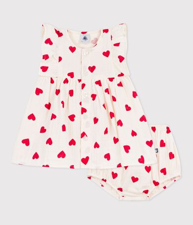 Baby-Kleid aus Baumwolle mit Herzmotiven und dazugeh&ouml;riger Bloomer