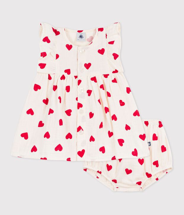 Baby-Kleid aus Baumwolle mit Herzmotiven und dazugeh&ouml;riger Bloomer rot/rot